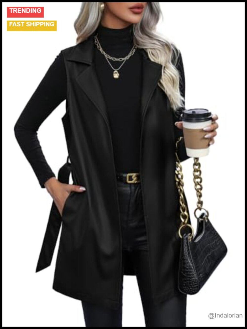 Faux Leather Long Vest Sleeveless Open Front Belted Jacket
